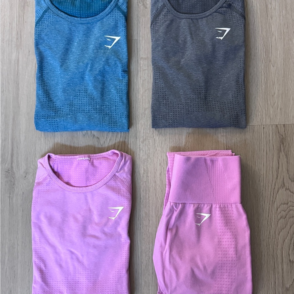 Gymshark Vital Seamless Bundle Set Leggings & 3x Long Sleeve Tops Pink Grey Blue